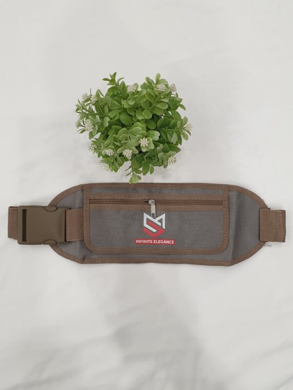 Ihram Belt – Nylon with Brown Trim & Grey Base (3 Pockets, Hidden Compartment)