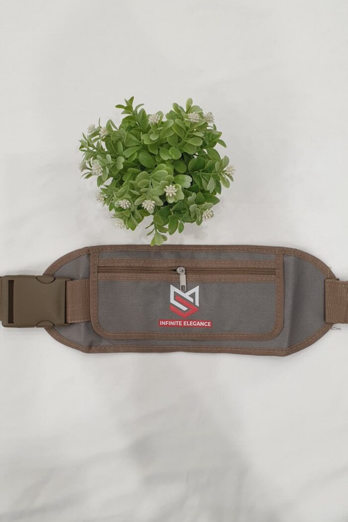 Ihram Belt – Nylon with Brown Trim & Grey Base (3 Pockets, Hidden Compartment)