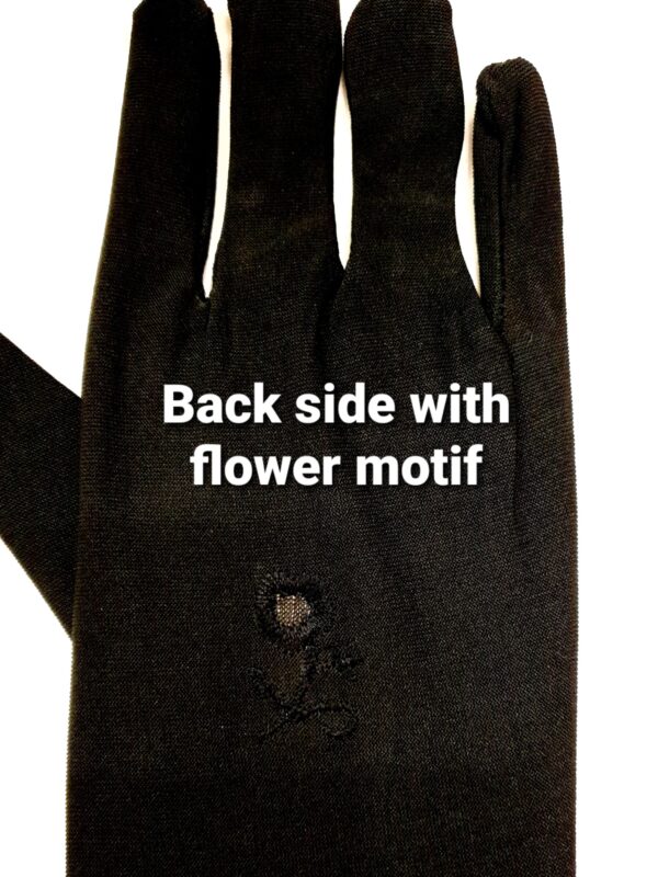 Black Nylon Hijabi Gloves – Elegant Coverage with Floral Motif - Image 3