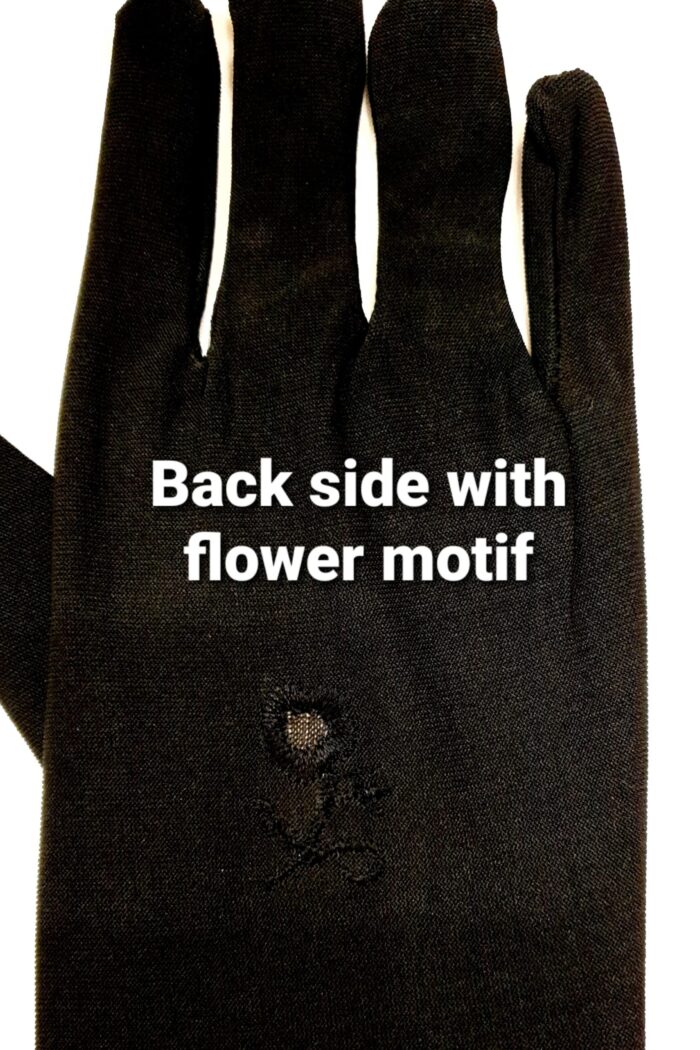 Black Nylon Hijabi Gloves – Elegant Coverage with Floral Motif - Image 3