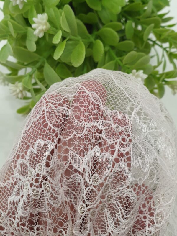 Pink Net Hijab Head Cap – Moti Embroidered Forehead & Elegant Design - Image 3