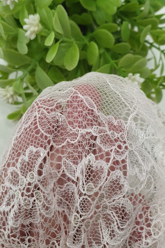 Pink Net Hijab Head Cap – Moti Embroidered Forehead & Elegant Design - Image 3