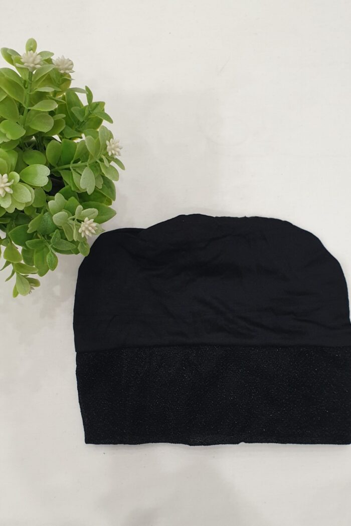 Black Hijab Head Cap – Glitter Black Forehead & Tie-Back Design