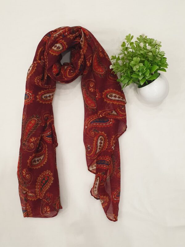 Soft Paisley Print Stole – Dark Red, Green, Black & Grey | 70"x19" - Image 4