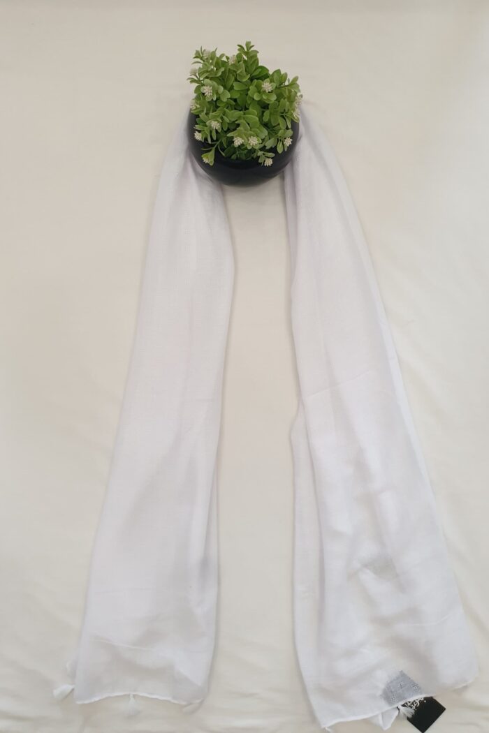 White - Tarkashi Stole | Soft Fabric | 70" x 30" | Small Box Dot Design with Tassel Borders