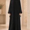 Arabian Ajwa Abaya in black, front view with stone motive embroidery on front panels