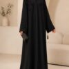 Arabian Ajwa Double Embroidery Abaya in black, front view with leaf motif embroidery on front panels