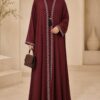 Arabian Lase Abaya in maroon, front view with decorative lace trim, tassel, and button closure