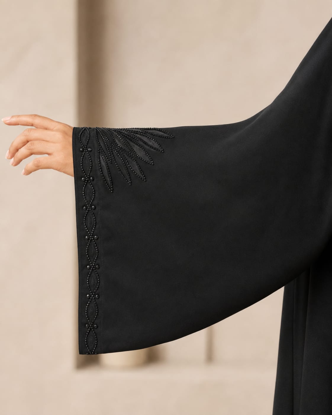 Arabian Open Embroidery Frock in black, close-up of beaded fanned embroidery on cuff