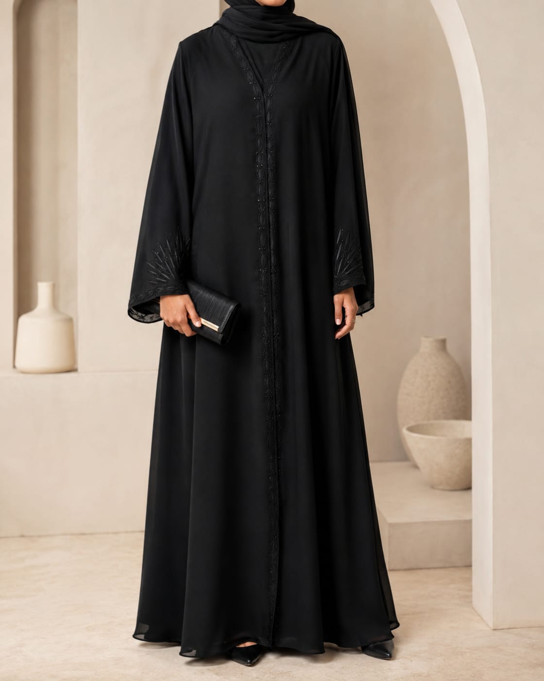 Arabian Open Embroidery Frock in black, front view with embroidered neckline and front panel