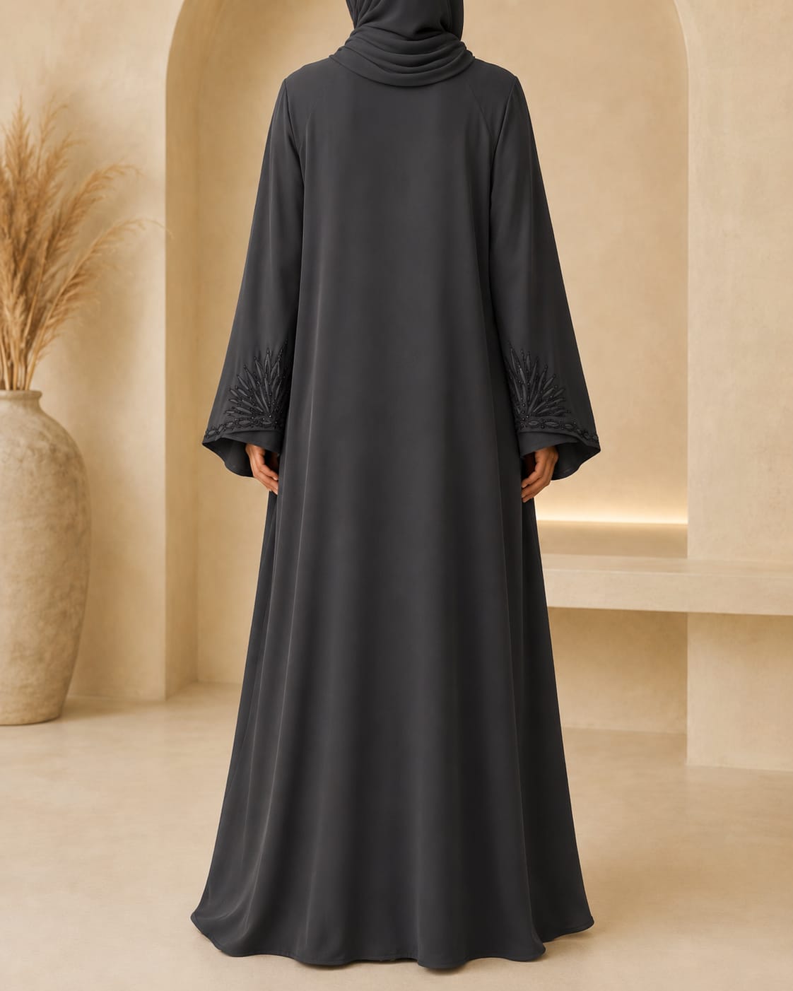 Arabian Open Embroidery Frock in dark grey, back view showing flowing silhouette and cuff embroidery