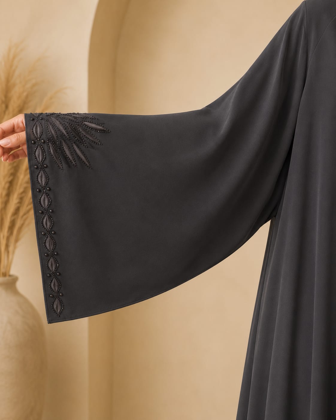 Arabian Open Embroidery Frock in dark grey, close-up of beaded fanned embroidery on cuff