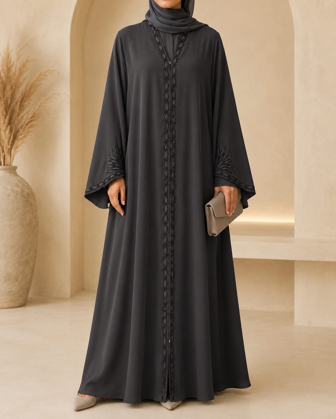 Arabian Open Embroidery Frock in dark grey, front view with embroidered neckline and front panel