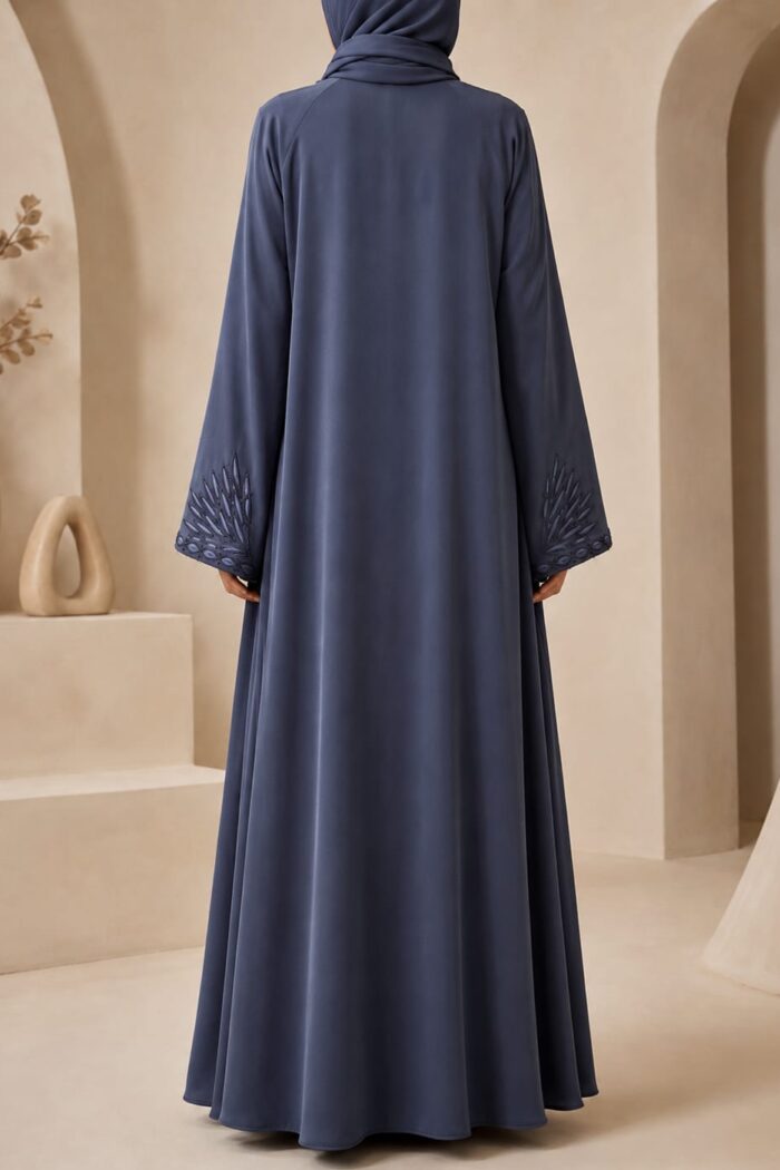 Arabian Open Embroidery Frock in light grey, back view showing flowing silhouette and cuff embroidery
