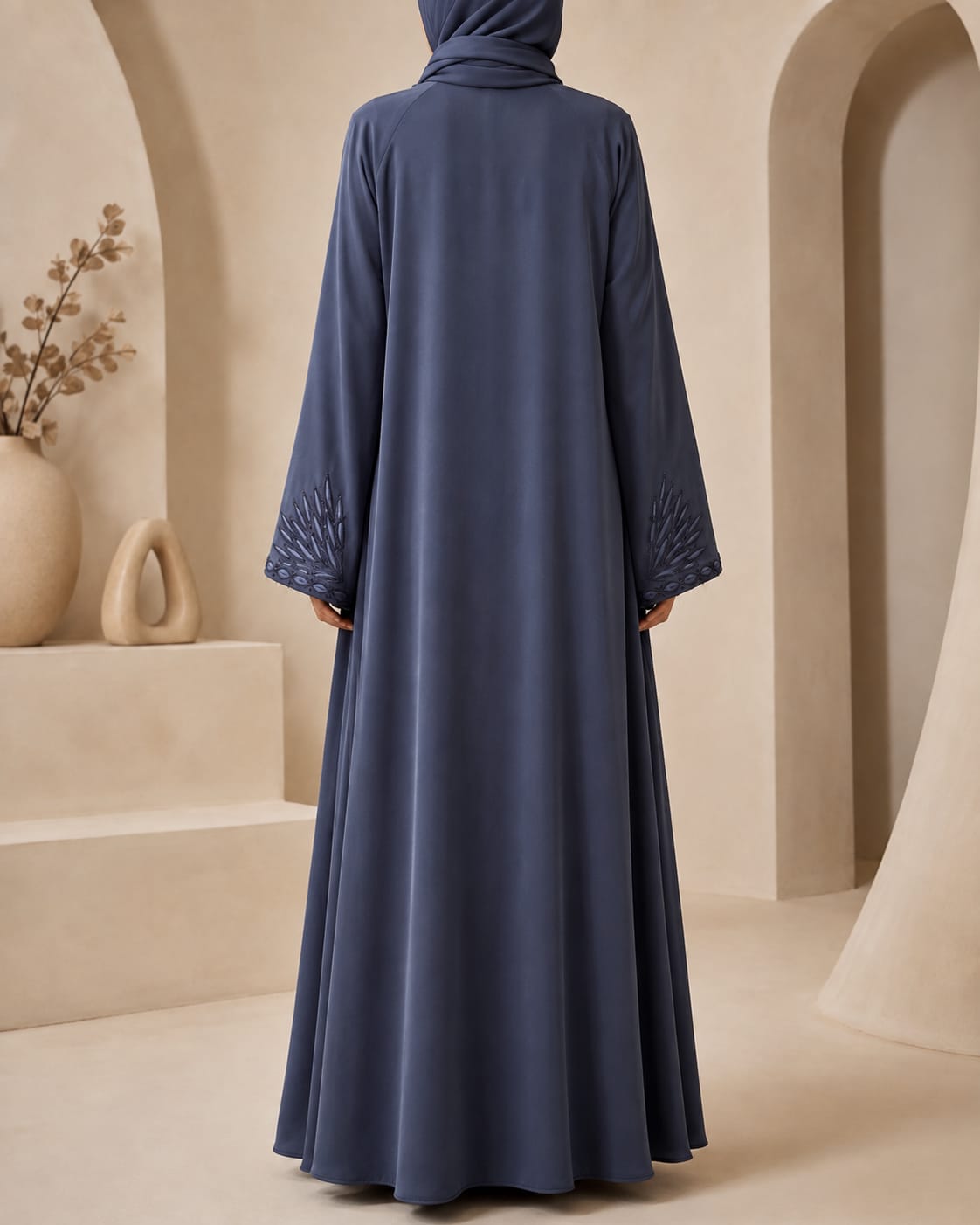 Arabian Open Embroidery Frock in light grey, back view showing flowing silhouette and cuff embroidery