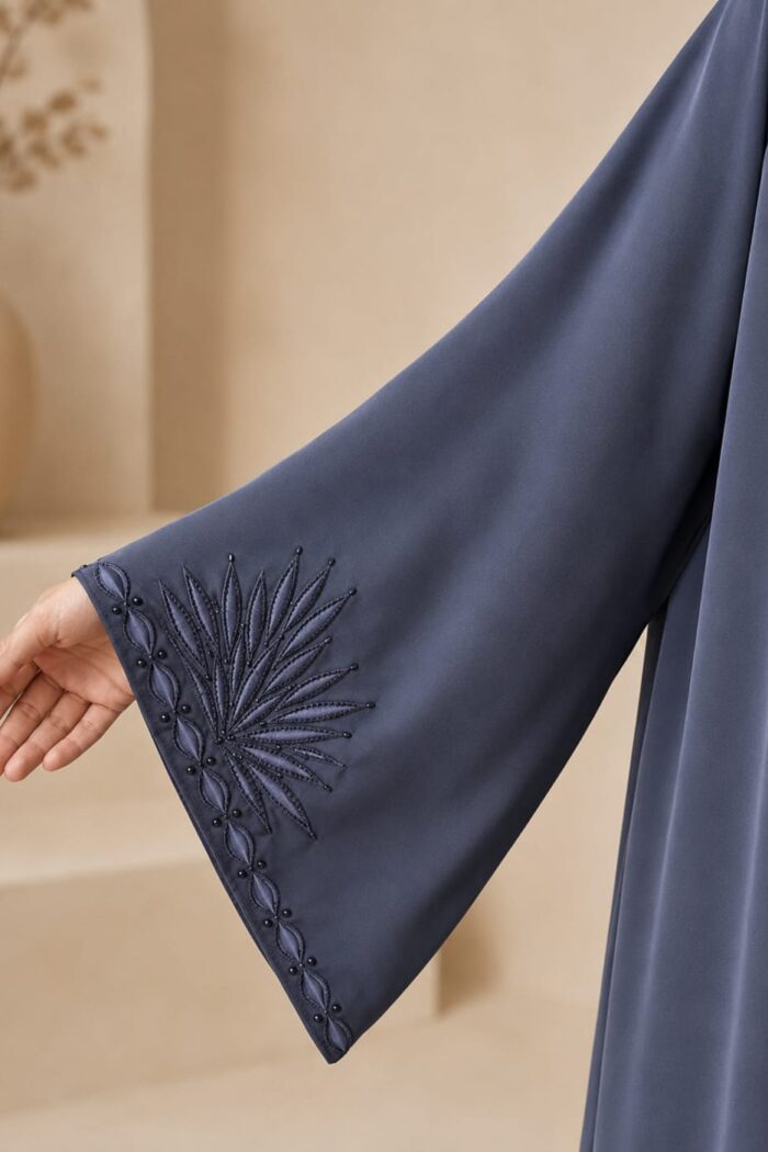 Arabian Open Embroidery Frock in light grey, close-up of beaded fanned embroidery on cuff
