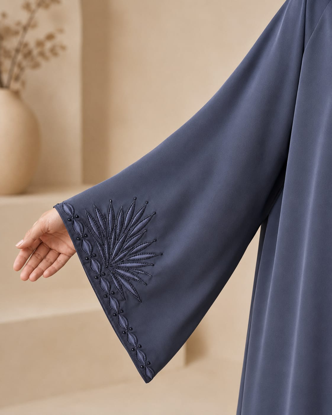 Arabian Open Embroidery Frock in light grey, close-up of beaded fanned embroidery on cuff