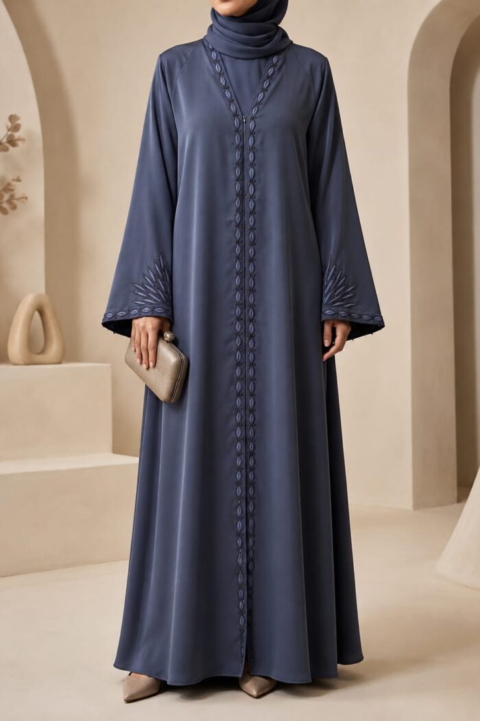 Arabian Open Embroidery Frock in light grey, front view with embroidered neckline and front panel