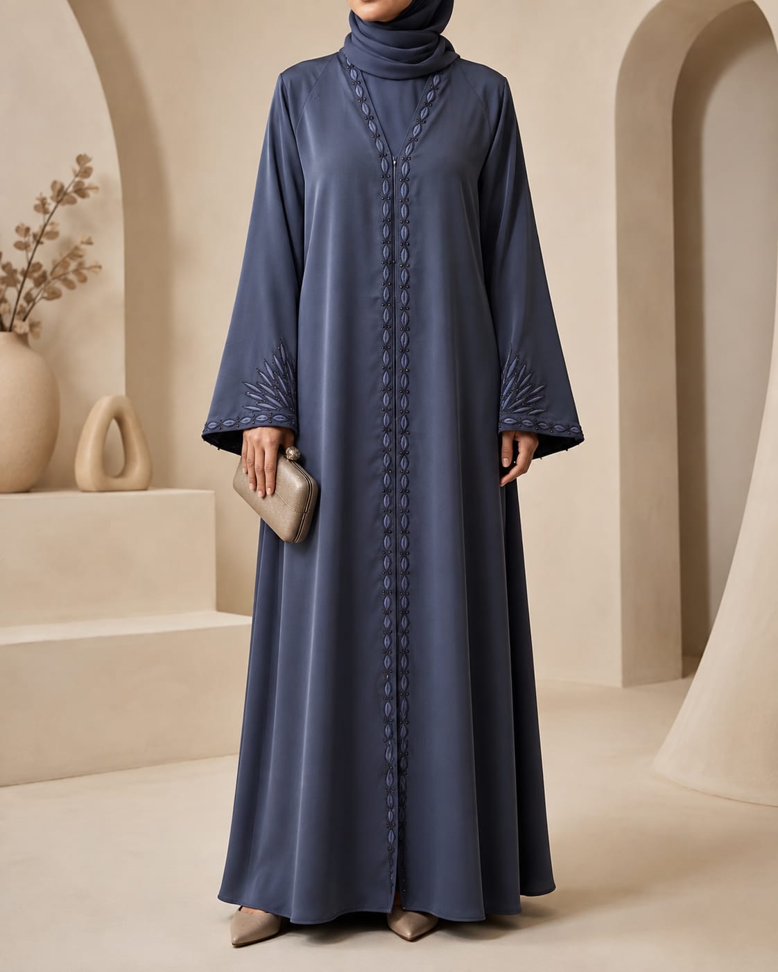 Arabian Open Embroidery Frock in light grey, front view with embroidered neckline and front panel