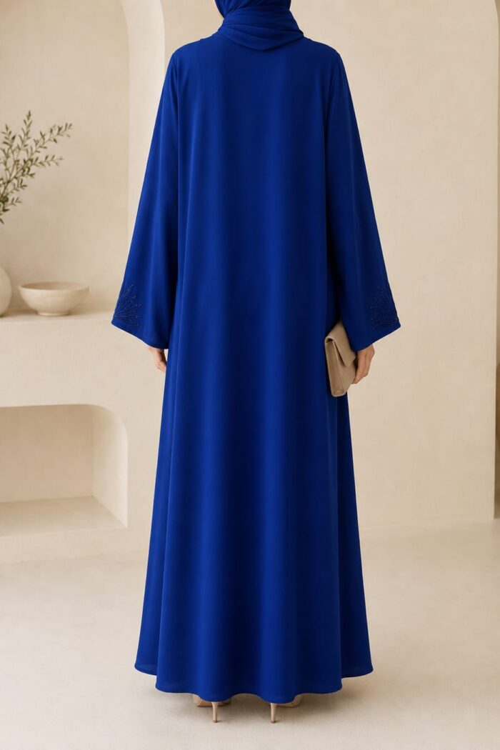 Arabian Open Embroidery Frock in navy blue, back view showing flowing silhouette and cuff embroidery