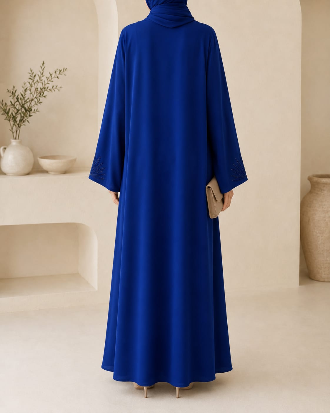 Arabian Open Embroidery Frock in navy blue, back view showing flowing silhouette and cuff embroidery