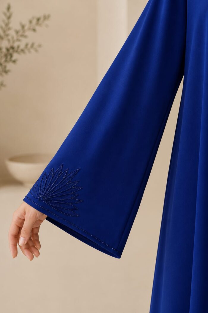 Arabian Open Embroidery Frock in navy blue, back view showing flowing silhouette and cuff embroidery