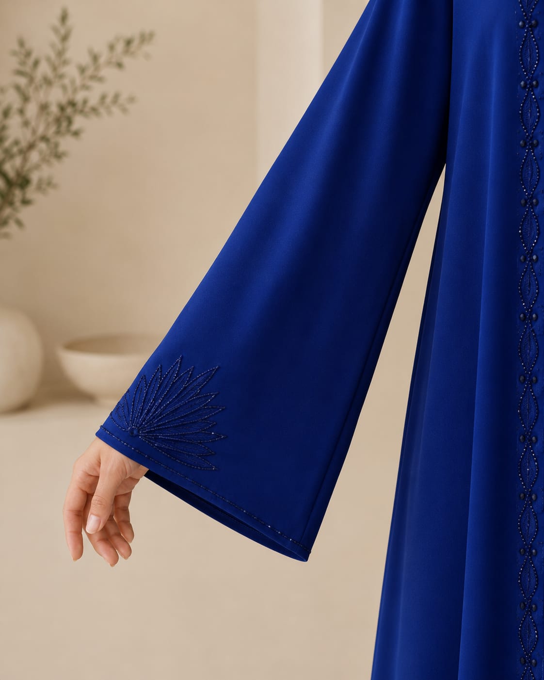 Arabian Open Embroidery Frock in navy blue, back view showing flowing silhouette and cuff embroidery
