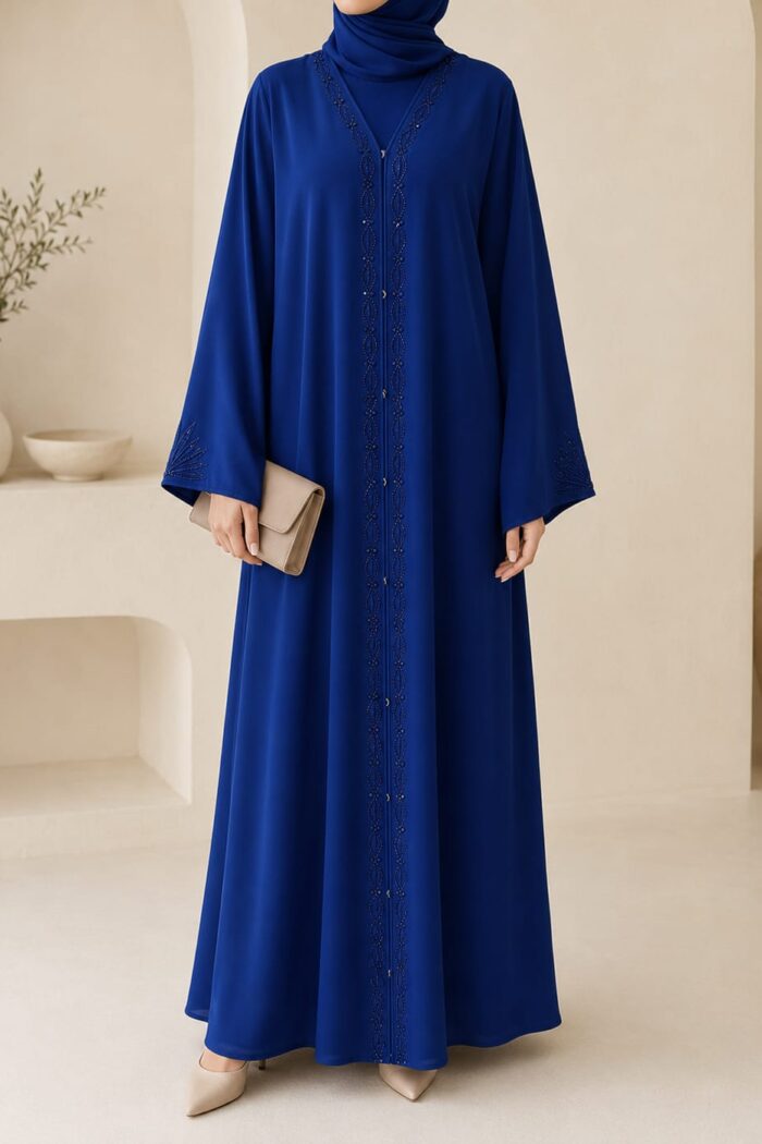 Arabian Open Embroidery Frock in navy blue, front view with embroidered neckline and front panel