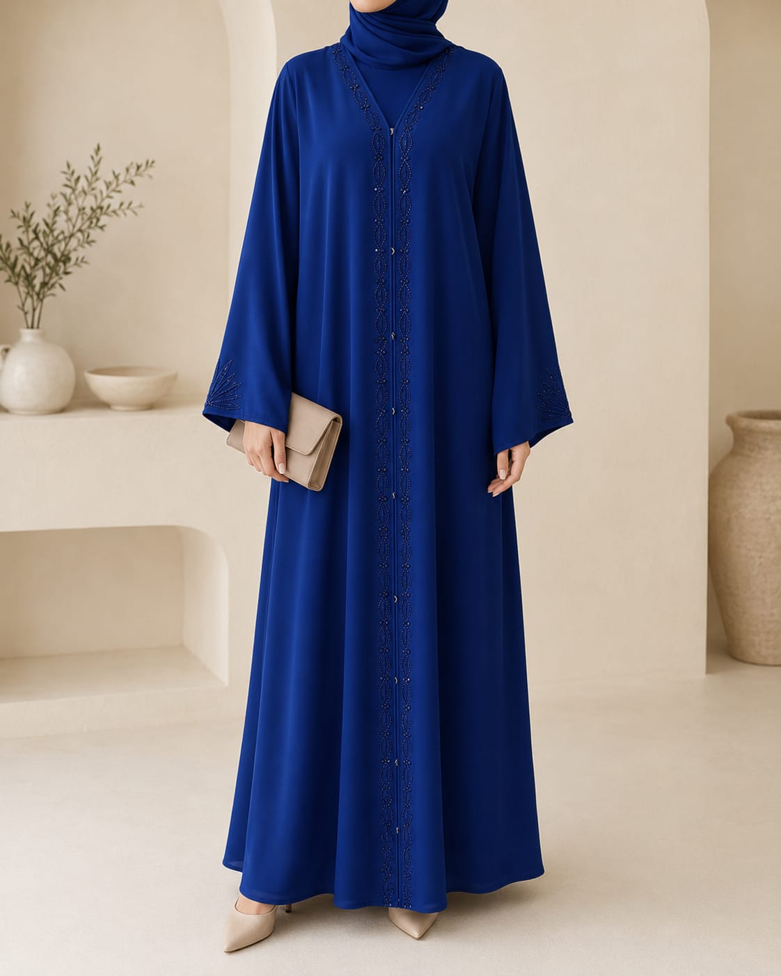 Arabian Open Embroidery Frock in navy blue, front view with embroidered neckline and front panel