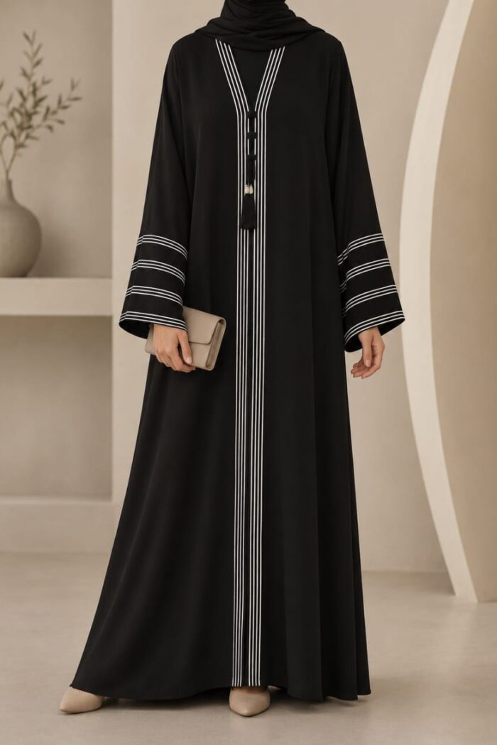 Black dori embroidered abaya with tassel closure - front view