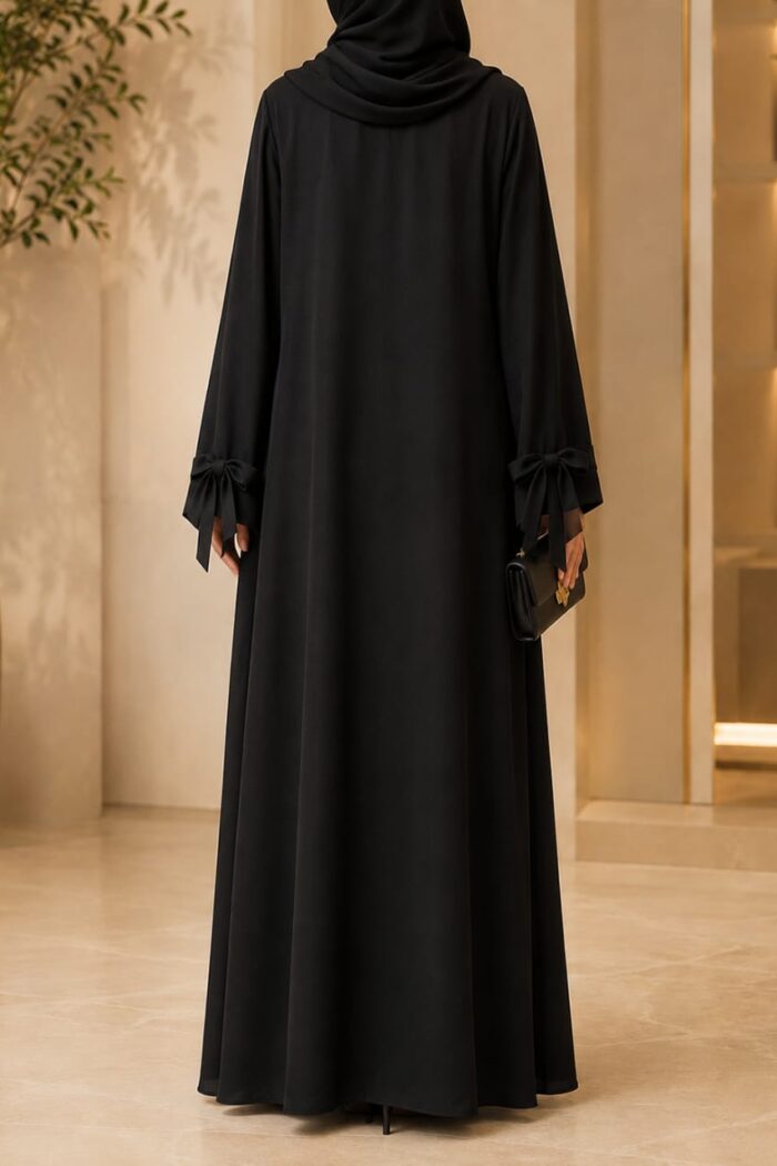 Double patti ajwa abaya in black with medallion necklace - back view
