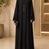 Double patti ajwa abaya in black with medallion pendant - front view