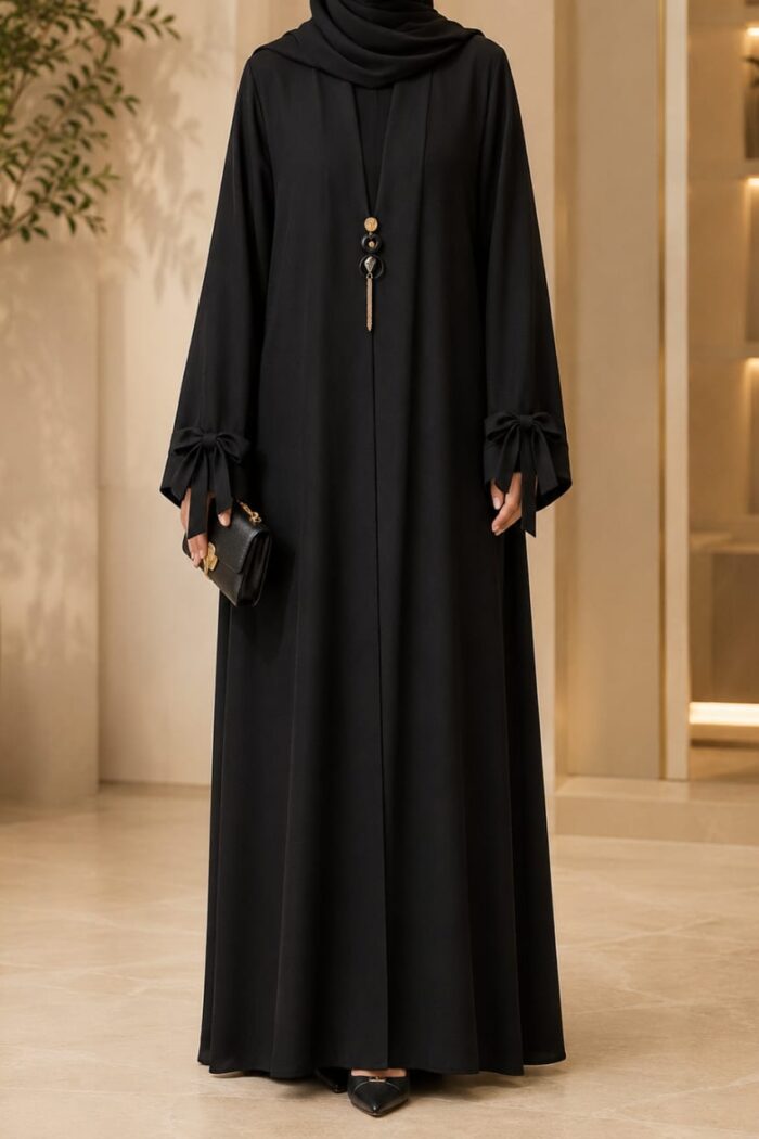 Double patti ajwa abaya in black with medallion pendant - front view
