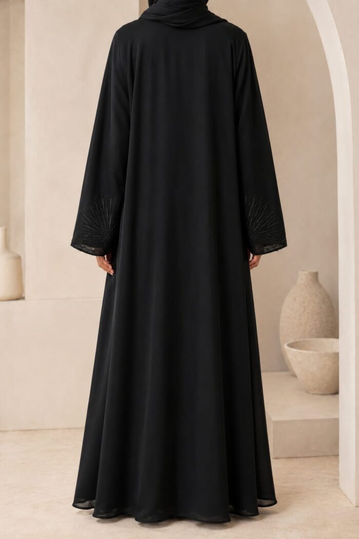 Black front open abaya with embroidered cuffs - back view