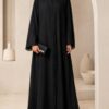 Black front open abaya with embroidered placket and cuffs - front view