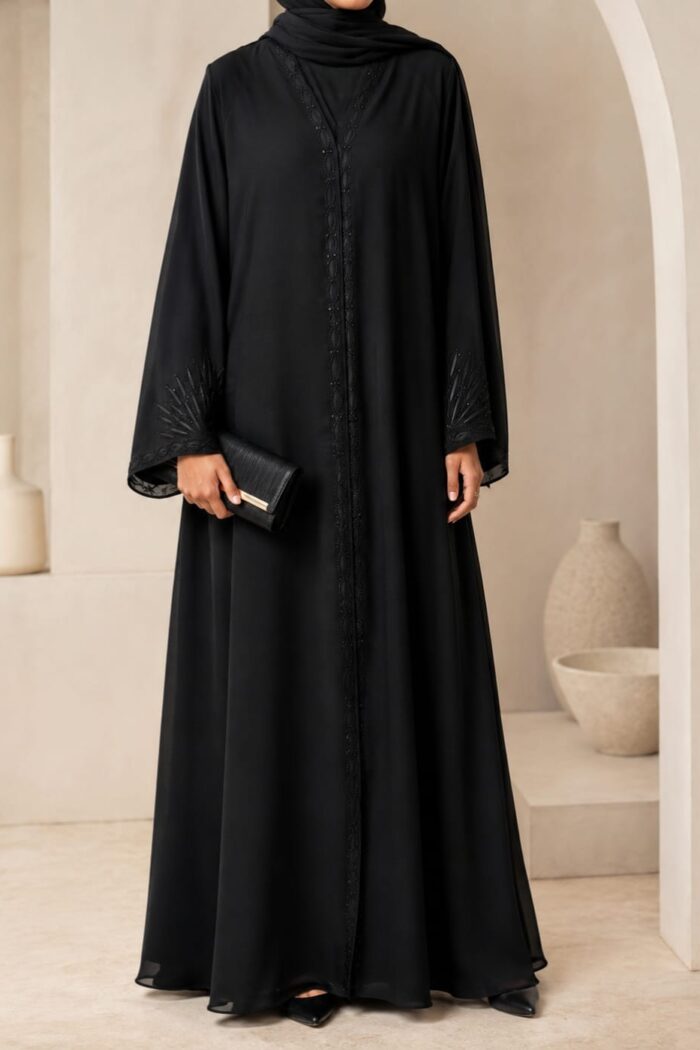Black front open abaya with embroidered placket and cuffs - front view