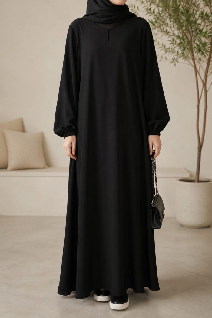 Black Matwaze teen abaya front view with front-close design