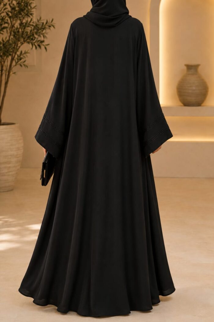 Black open frock abaya back view with stone lace cuff detail