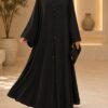 Black open frock abaya front open view with push button closure