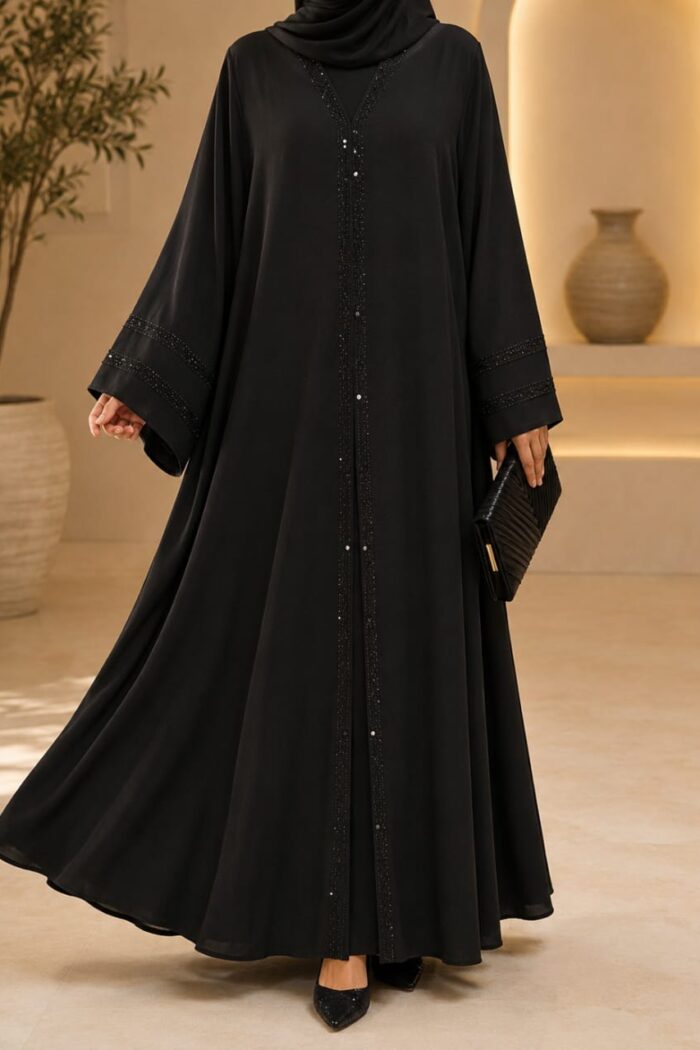 Black open frock abaya front open view with push button closure