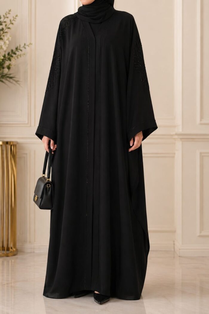 Black open frock stone nag abaya front view with push button closure
