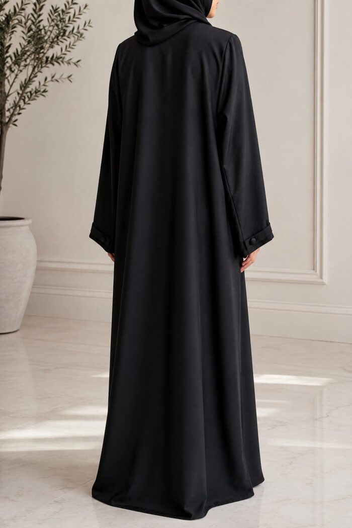 Black button maxi abaya back view with matching hijab and cuff button detail