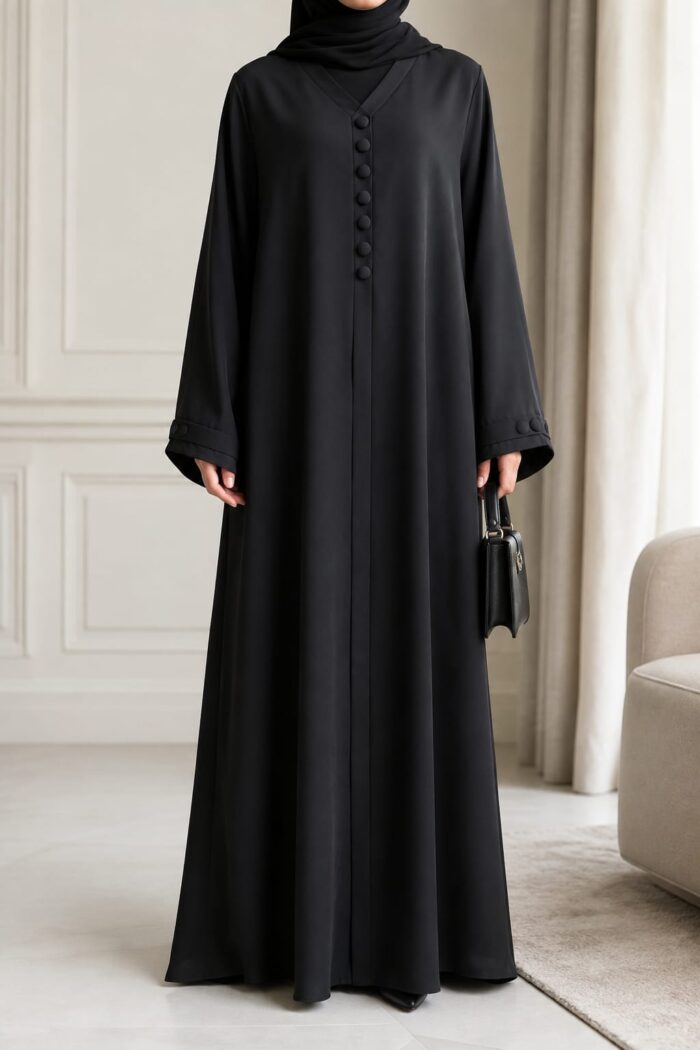 Black button maxi abaya front view with V-neck decorative button placket