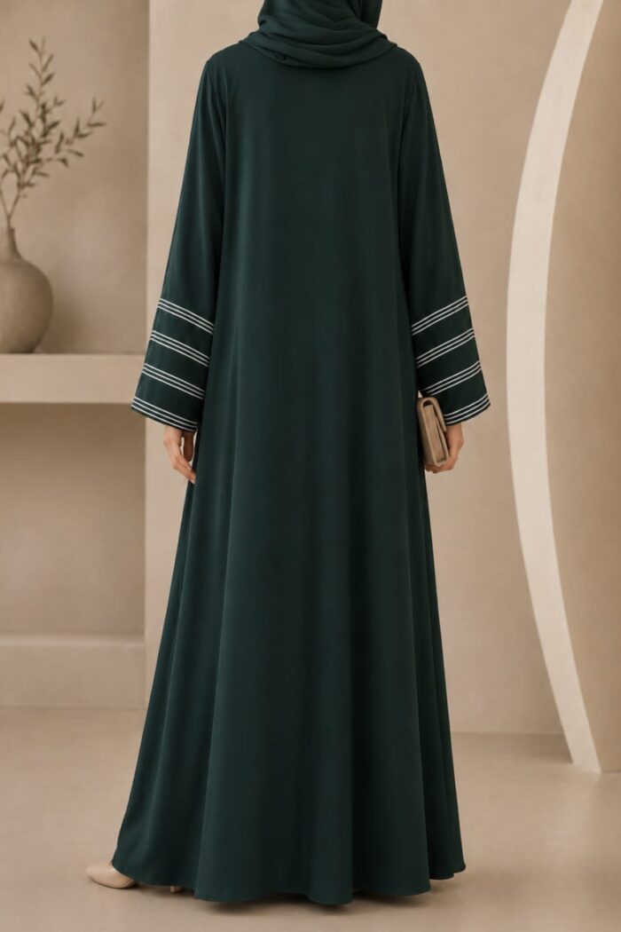 Bottle green dori embroidered abaya with striped cuffs - back view