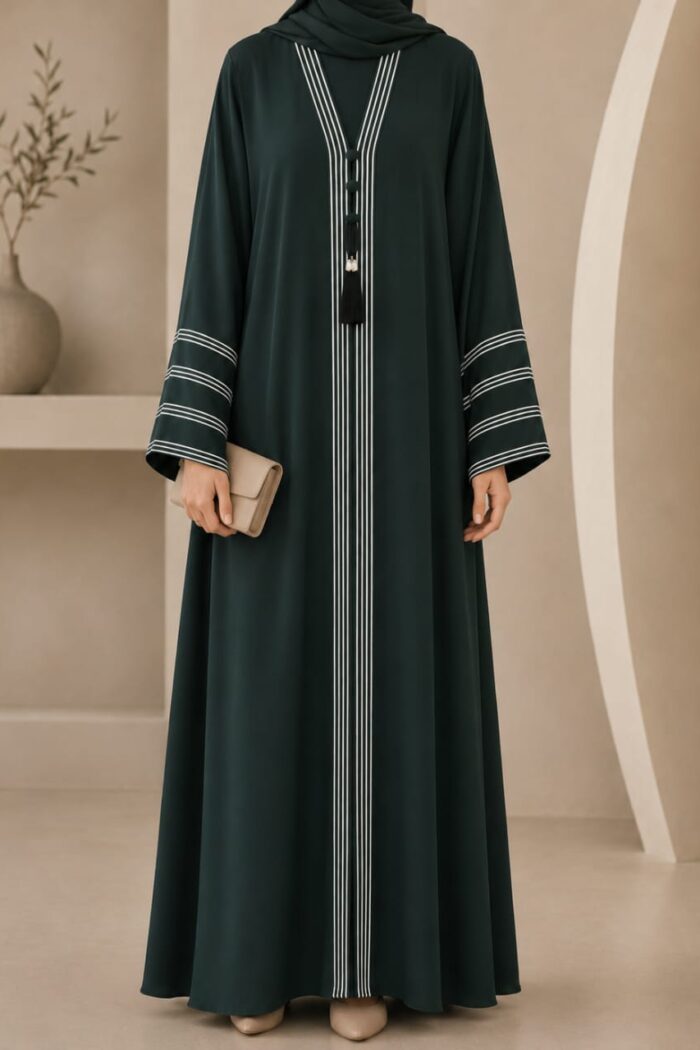 Bottle green dori embroidered abaya with tassel closure - front view