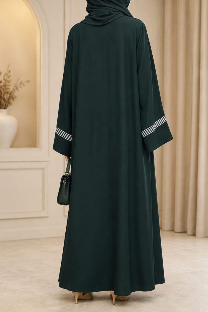 Bottle green dori embroidered tasal gown with striped cuffs - back view