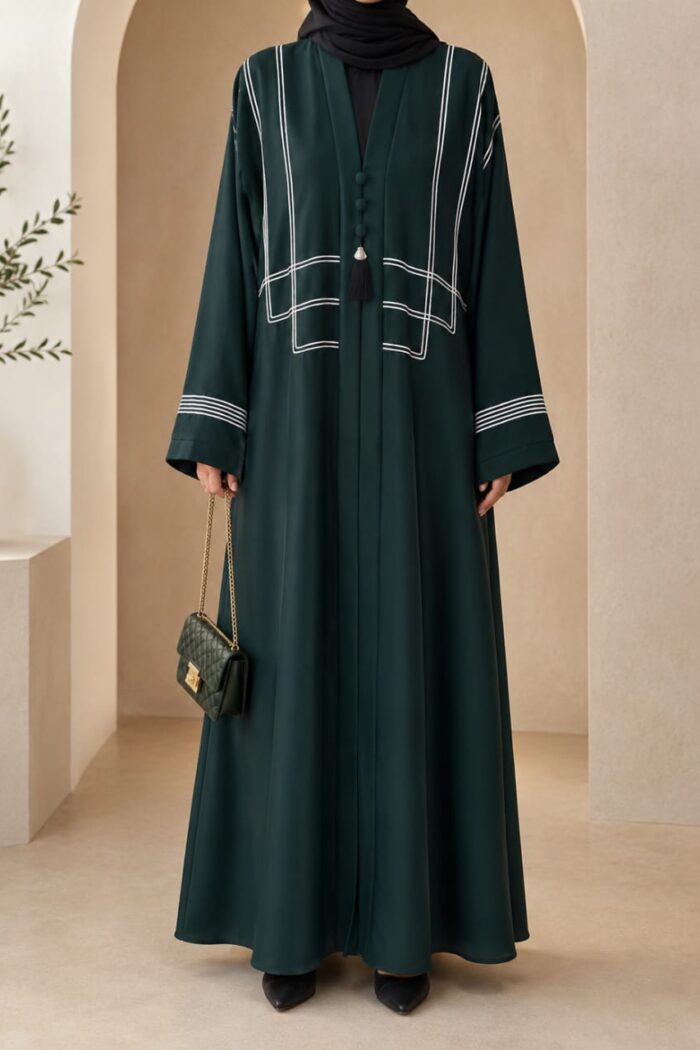 Bottle green dori embroidered tasal gown with geometric chest panel - front view