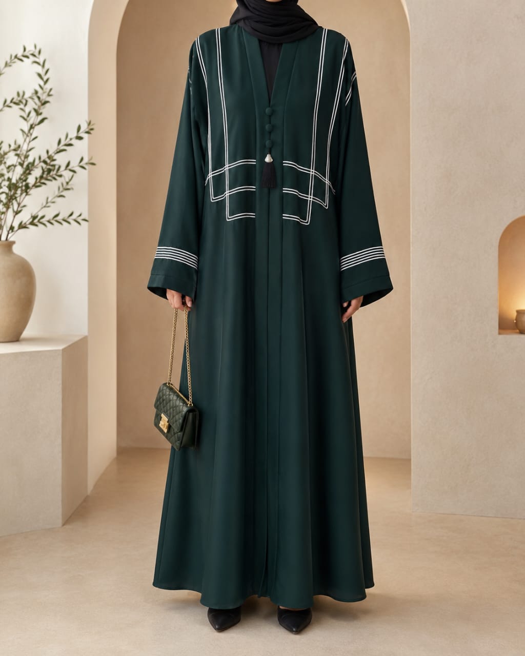 Bottle green dori embroidered tasal gown with geometric chest panel - front view