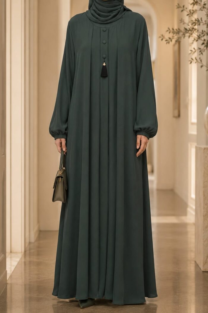 Bottle green zoom tassel abaya front view with decorative buttons and tassel detail