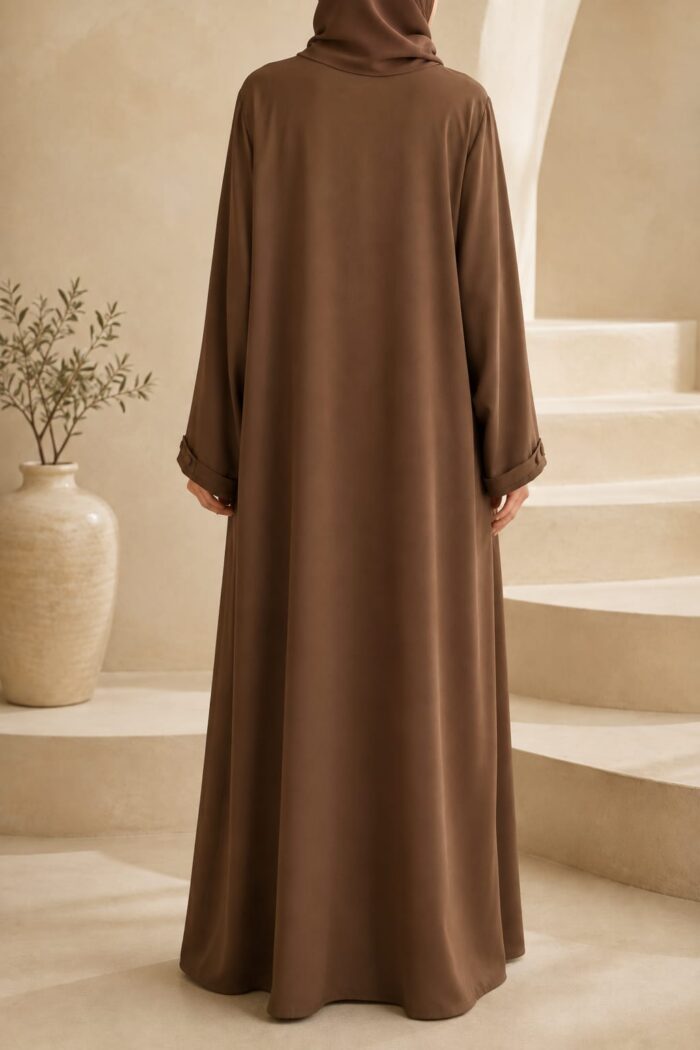 Brown button maxi abaya back view with matching hijab and cuff button detail